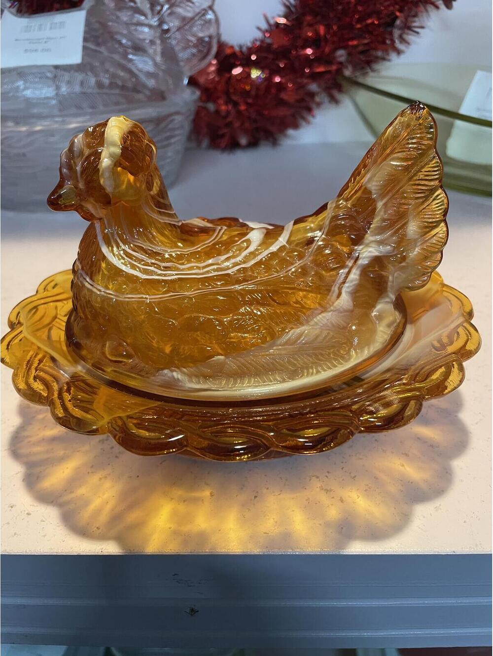 Mosser Glass Butterscotch Slag Hen on Nest 6 Inch Vintage